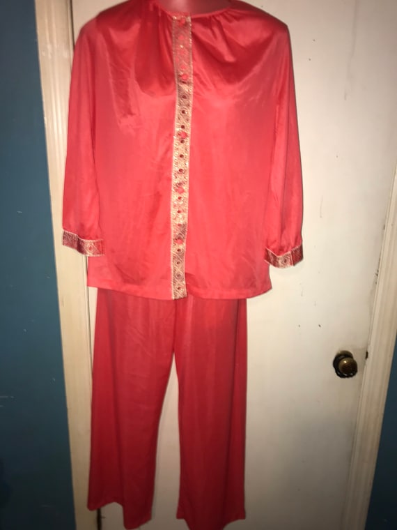 Vintage Coral Nylon Pajama Set. Coral and Gold Pa… - image 1