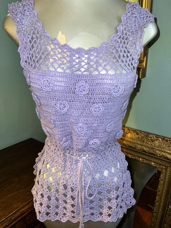 Vintage 90's Purple Crochet Shirt, Hippie Shirt, Size Small