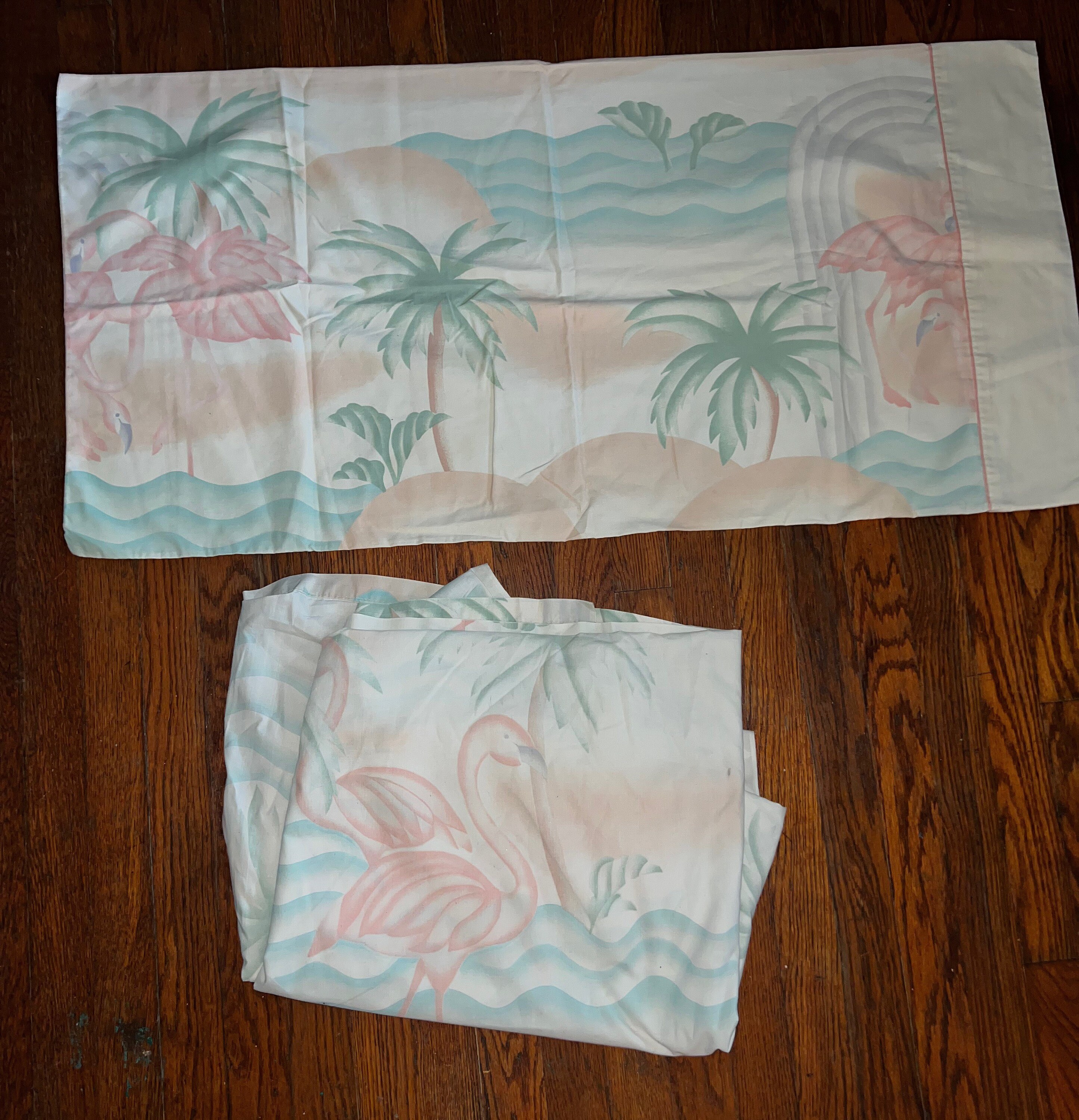 RESERVED Cannon King Size Flat Sheet and Pillowcase. Cannon Palm Trees and Flamingos Sheets