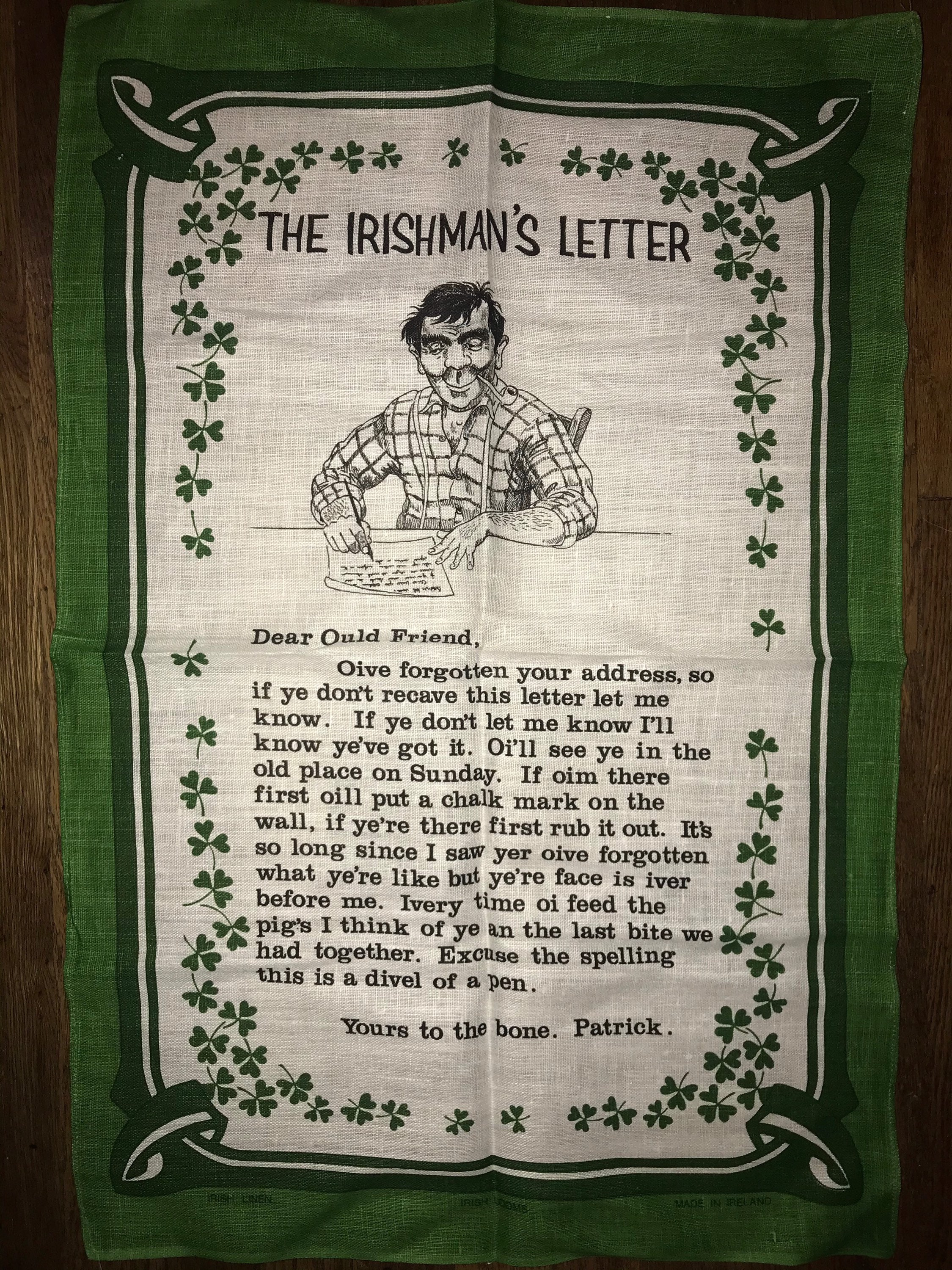 Vintage Irish Linen Tea Towel. Irish Looms Irishman’s Letter Linen Teal