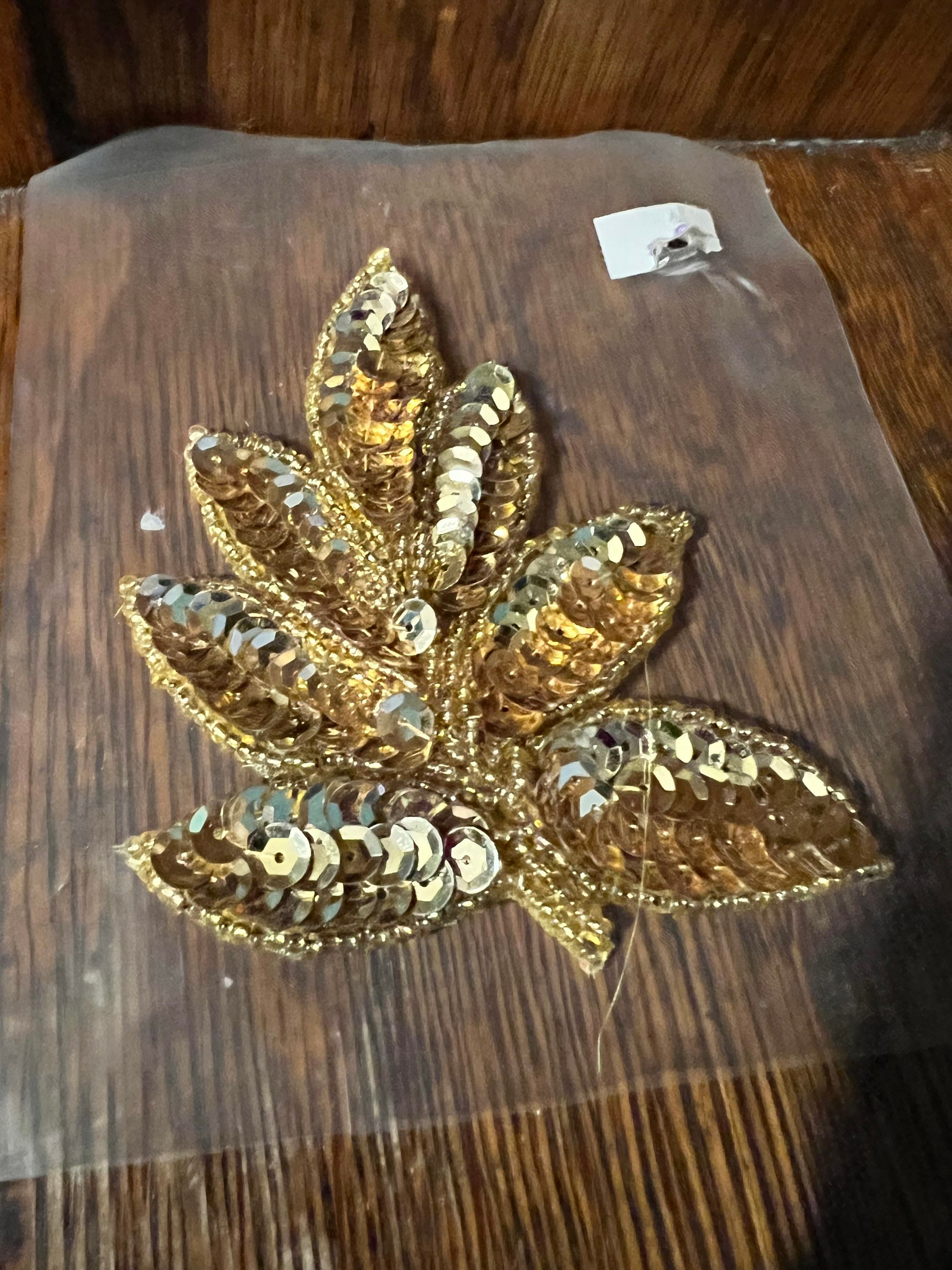 Vintage Sequin Applique. Sequin Gold Leaf Applique. Gold Leaf Appliqué