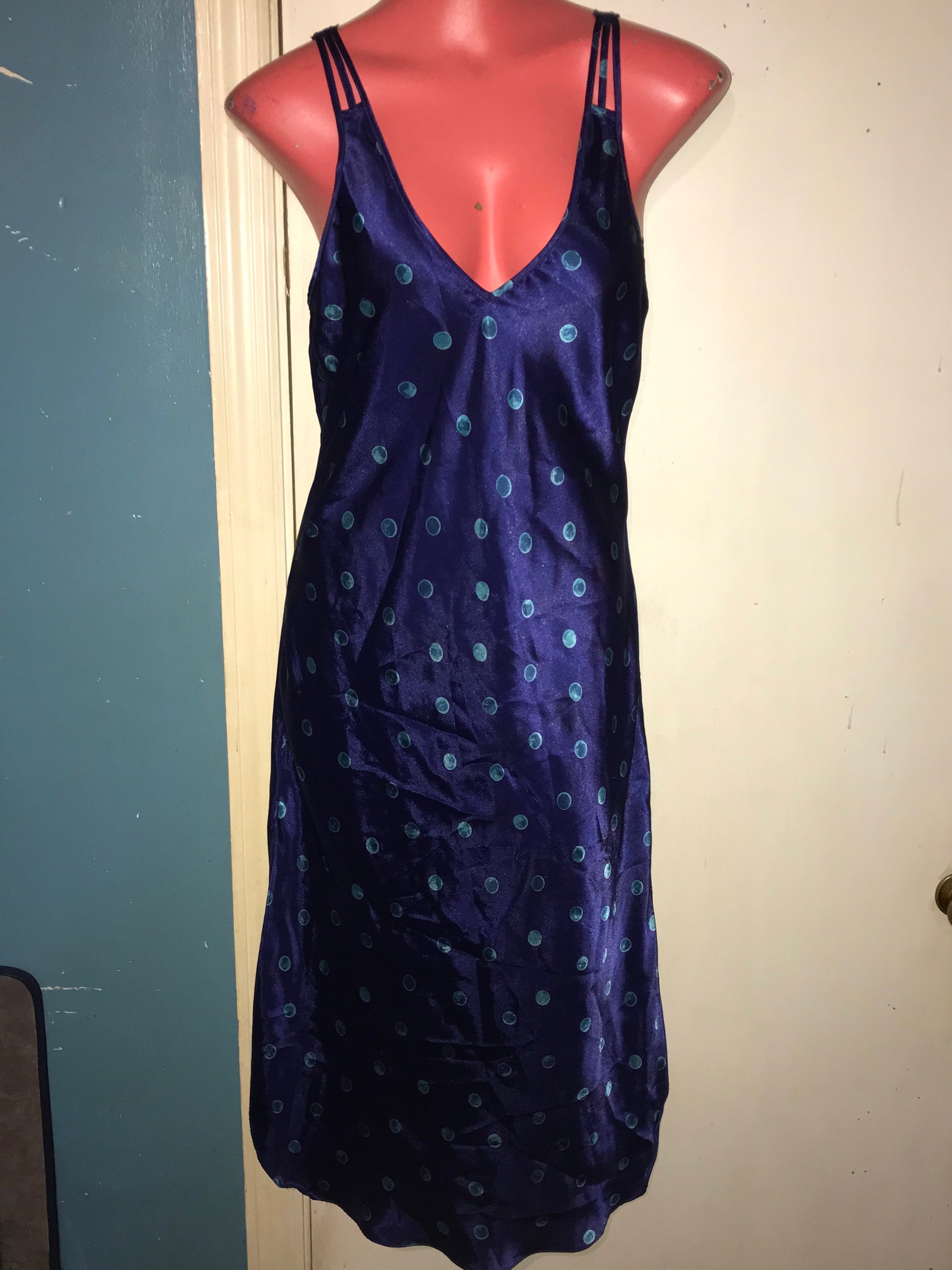 Vintage Polka Dot Satin Nightgown. California Dynasty Blue With ...