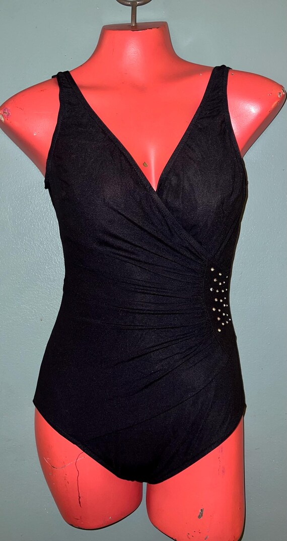 Vintage 1990’s Black With Rhinestones Longitude Swimsuit, Size 12