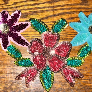 Vintage Sequin Applique. Sequin Colorful Flowers Applique. Big Flower Appliqué. Beautiful Sew On Flower Applique