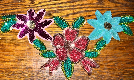 Vintage Sequin Applique. Sequin Colorful Flowers Applique. Big Flower Appliqué. Beautiful Sew On Flower Applique