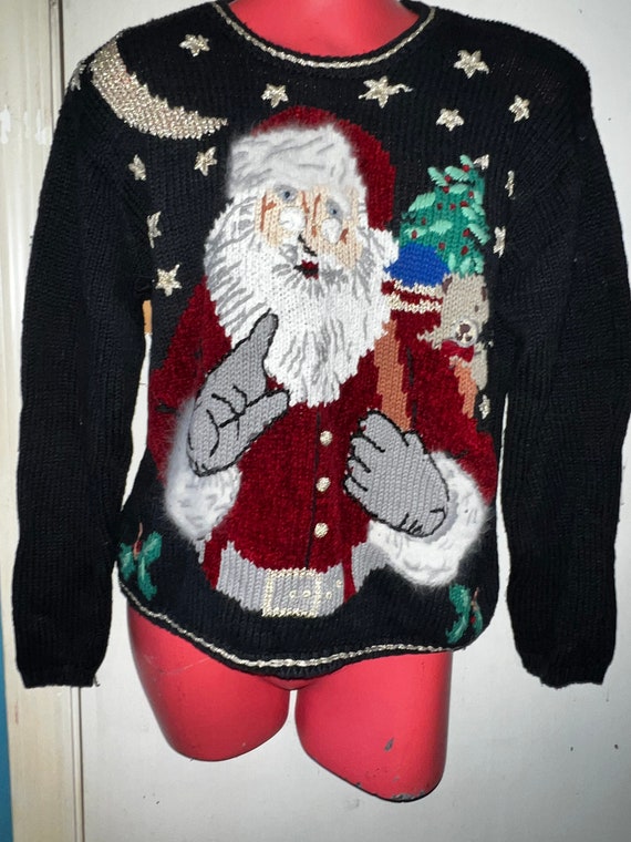 Vintage Ugly Christmas Sweater. Ugly Christmas Sweater. Black Santa Claus Ugly Sweater. Size Medium