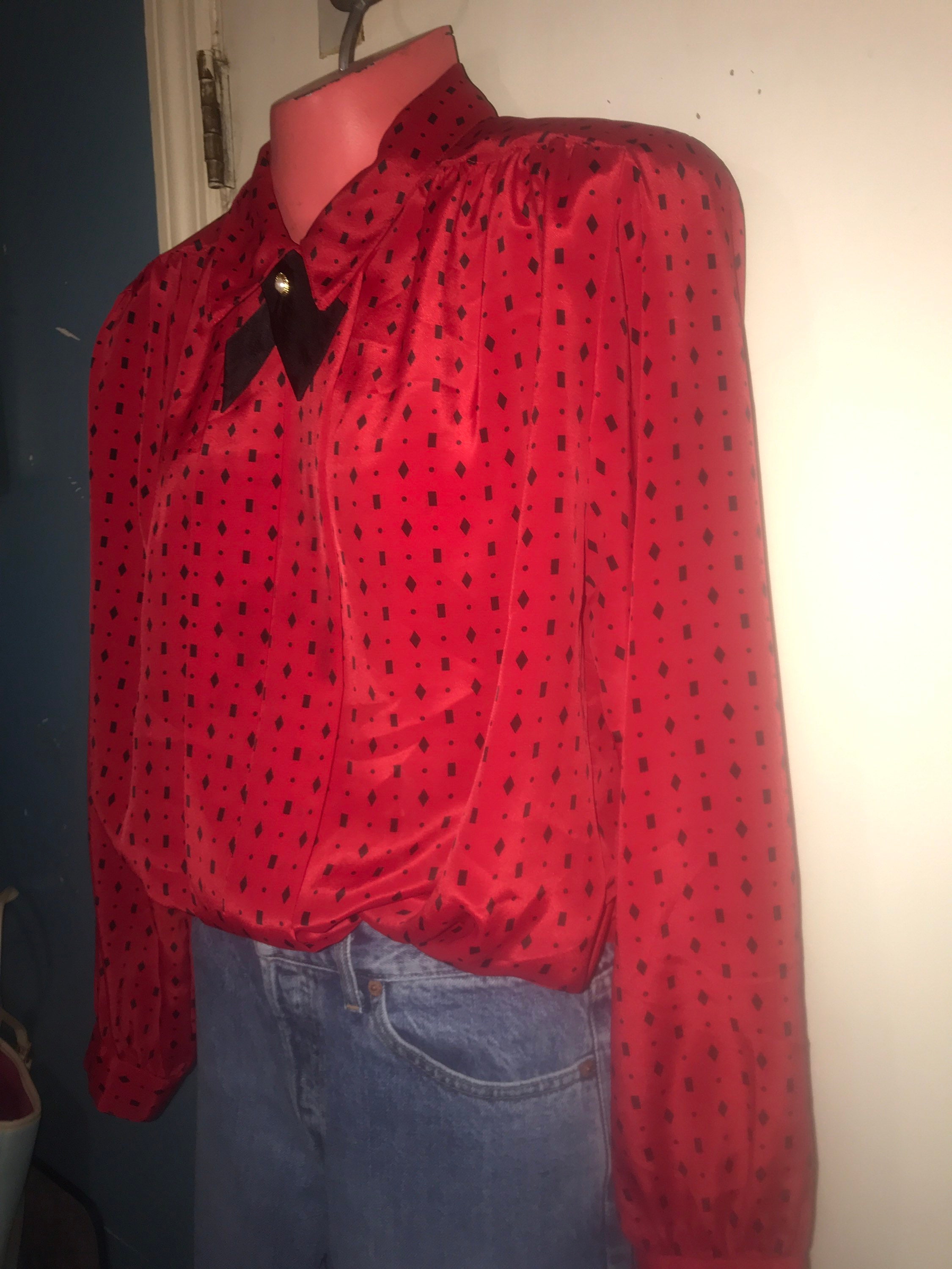 Vintage 80's Career Shirt. Woman's Red and Black Geometric Blouse. 80's ...