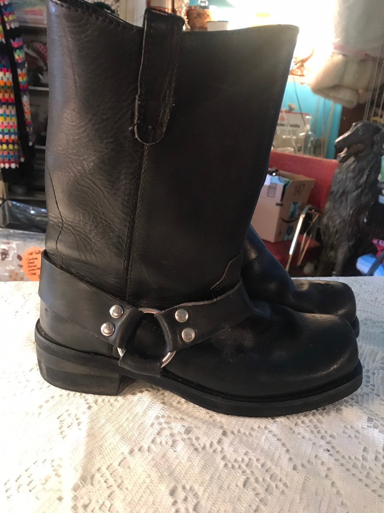 Vintage Black Leather Motorcycle Boots. 1990's Black Leather Boots ...
