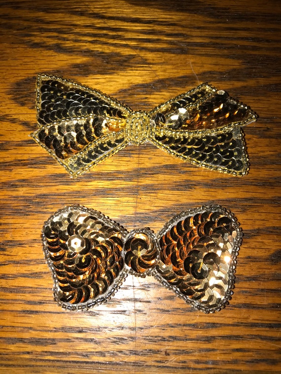 Vintage Sequin Bow Appliqués. Sequin Gold Bow Appliqué. Two Gold Sequin Appliqués.