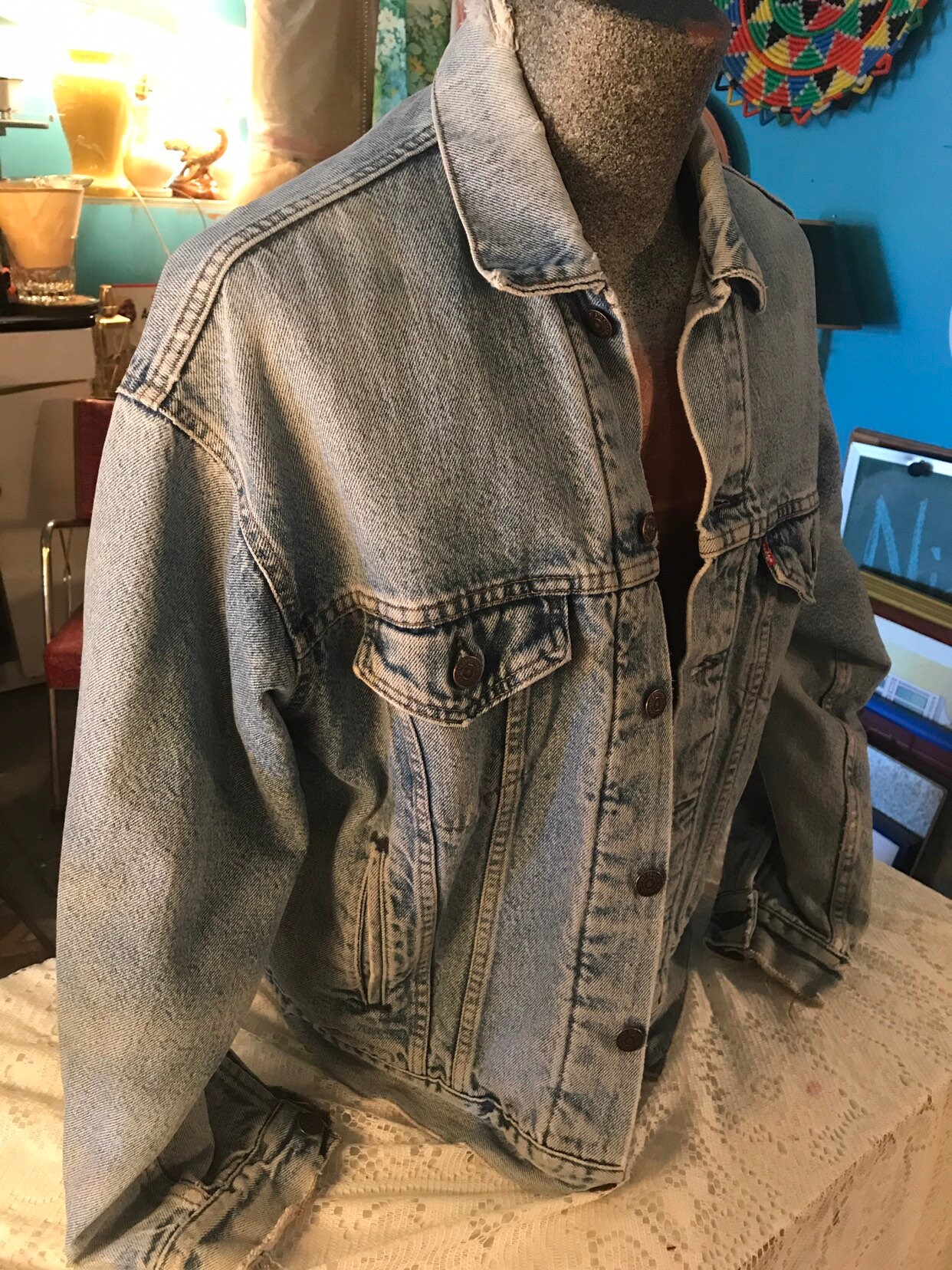 Vintage Levi Jean Jacket. Flannel Lined Distressed Levi Jean Jacket. 1980's Levi Denim Jacket