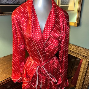 Vintage Cacique Red and White Polka Dot Satin Robe, Size Small