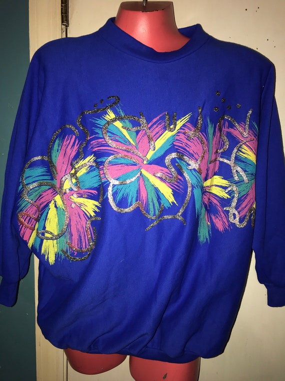 Vintage 80's Painted Sweatshirt. Bright Blue Pain… - image 1