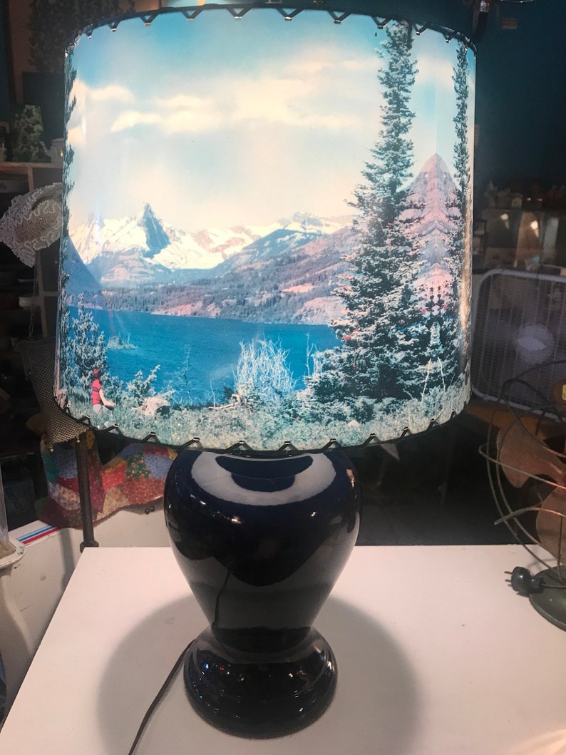 AS IS Cobalt Blue Ginger Jar Lamp Vintage Large Blue Ginger Jar Lamp MCM Picture Lamp Shade Ginger Jar Lamp With Scenic Lampshade