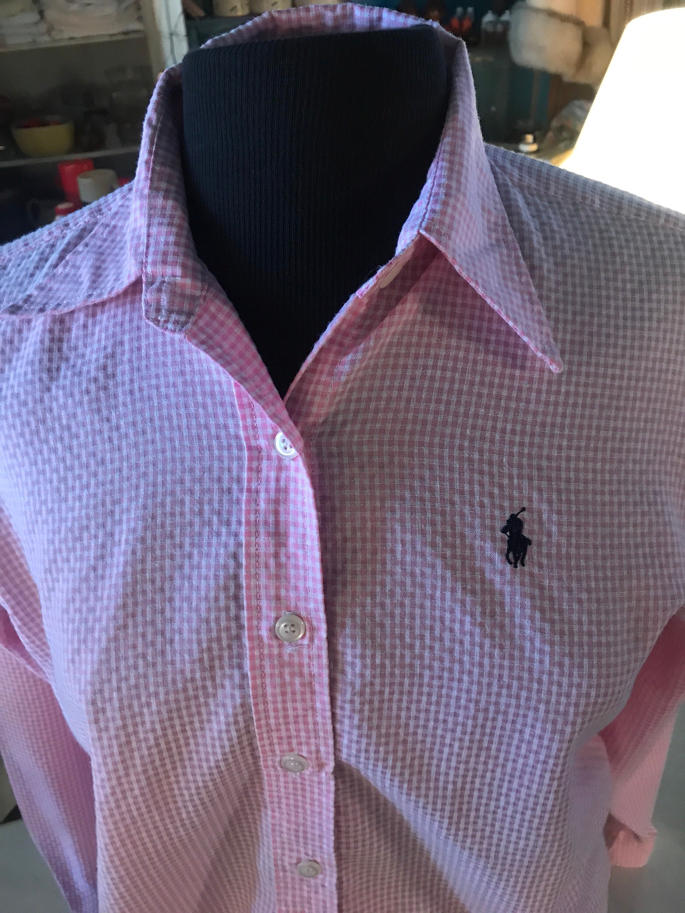 Vintage Ralph Lauren Pink Gingham Button Down Shirt. Pink and White