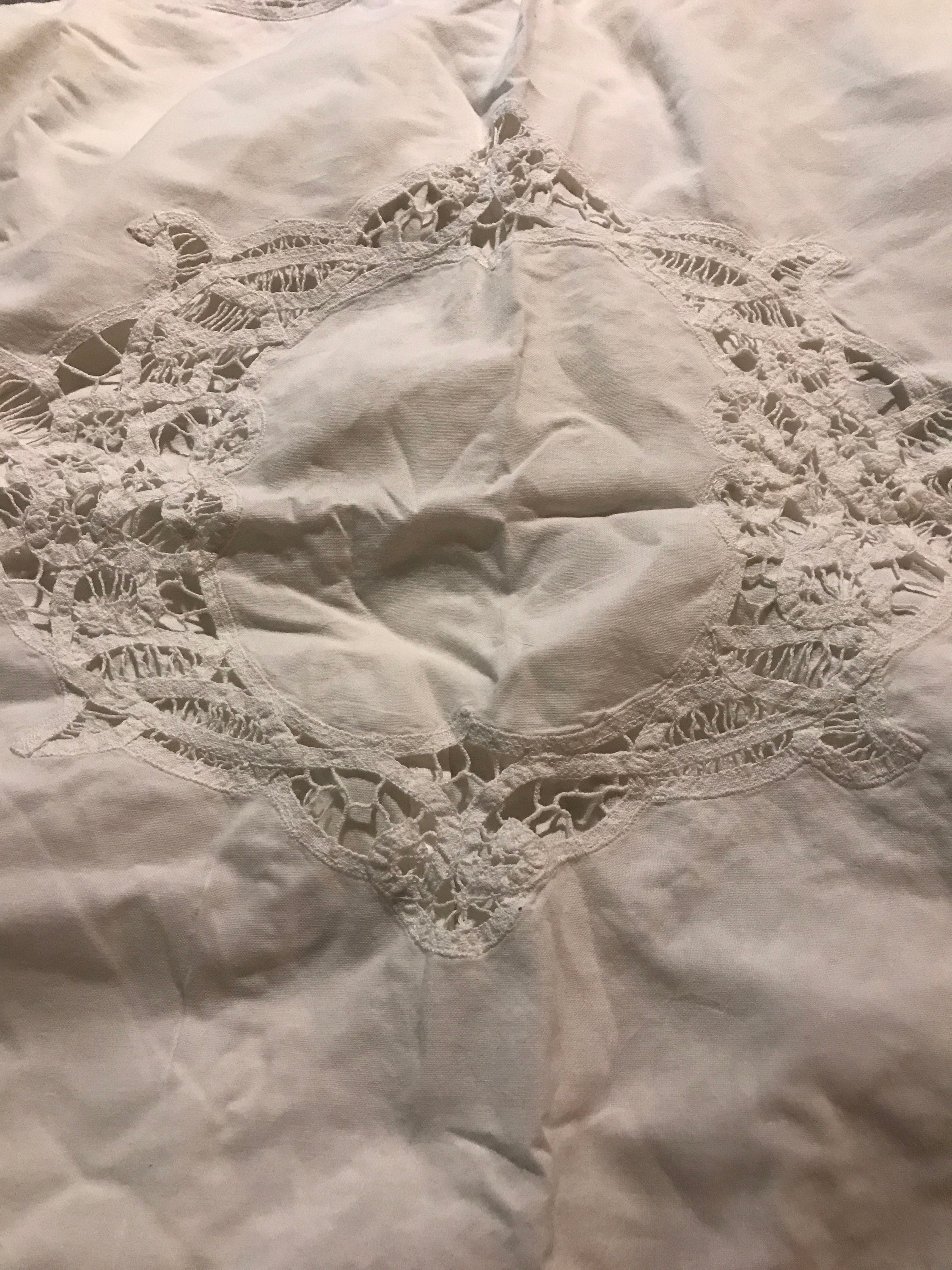 Vintage White Cotton Battenburg Lace Pillow Shams. Two Standard