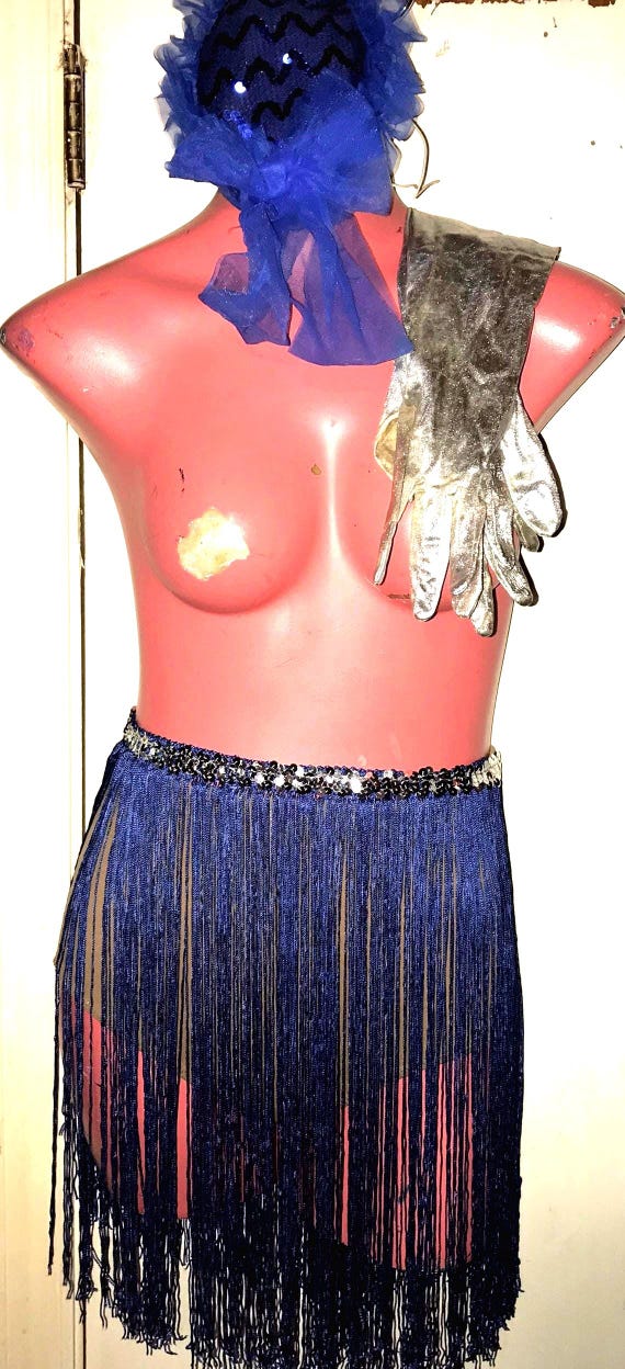 Vintage 1960’s Girl’s Sequin Silver and Blue Fringe Costume, Skirt, Hat, Bloomers, and Gloves