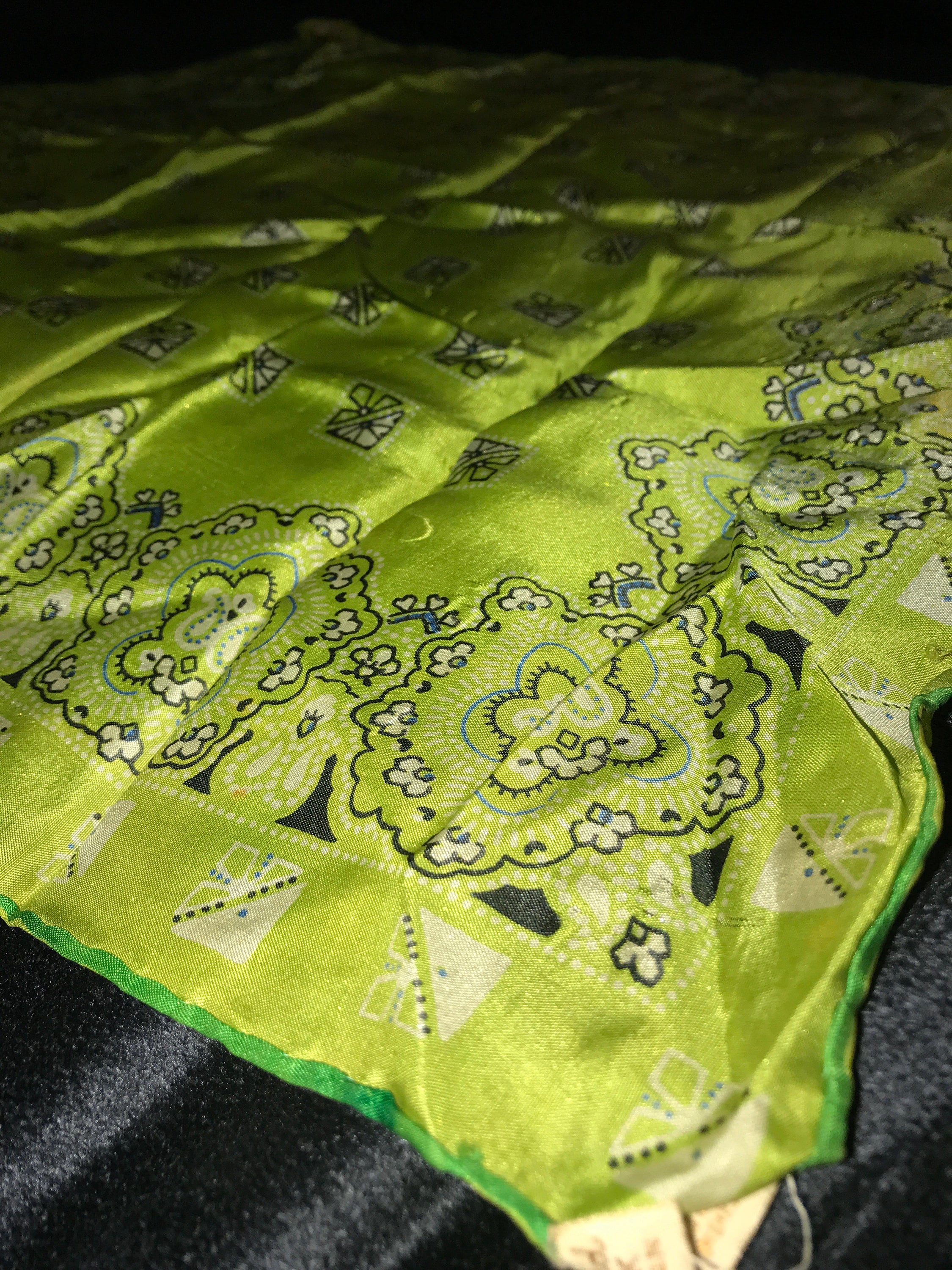 Vintage Silk Handkerchief. Green and Black Abstract Handkerchief. Silk