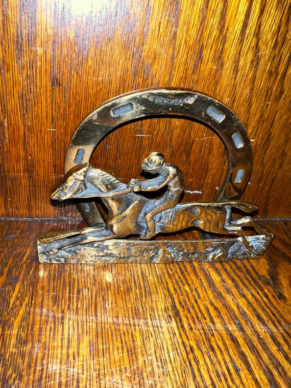 Brass Horse Emblem. Vintage Brass. Horse Racing Emblem With Horseshoe. Race Horse and Jockey with Horseshoe. Decor For Your Derby Party!