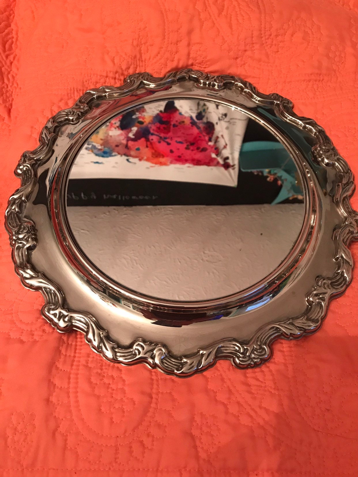 Vintage Mirror Tray. Round Silver Plate Mirror Tray. Silver Footed