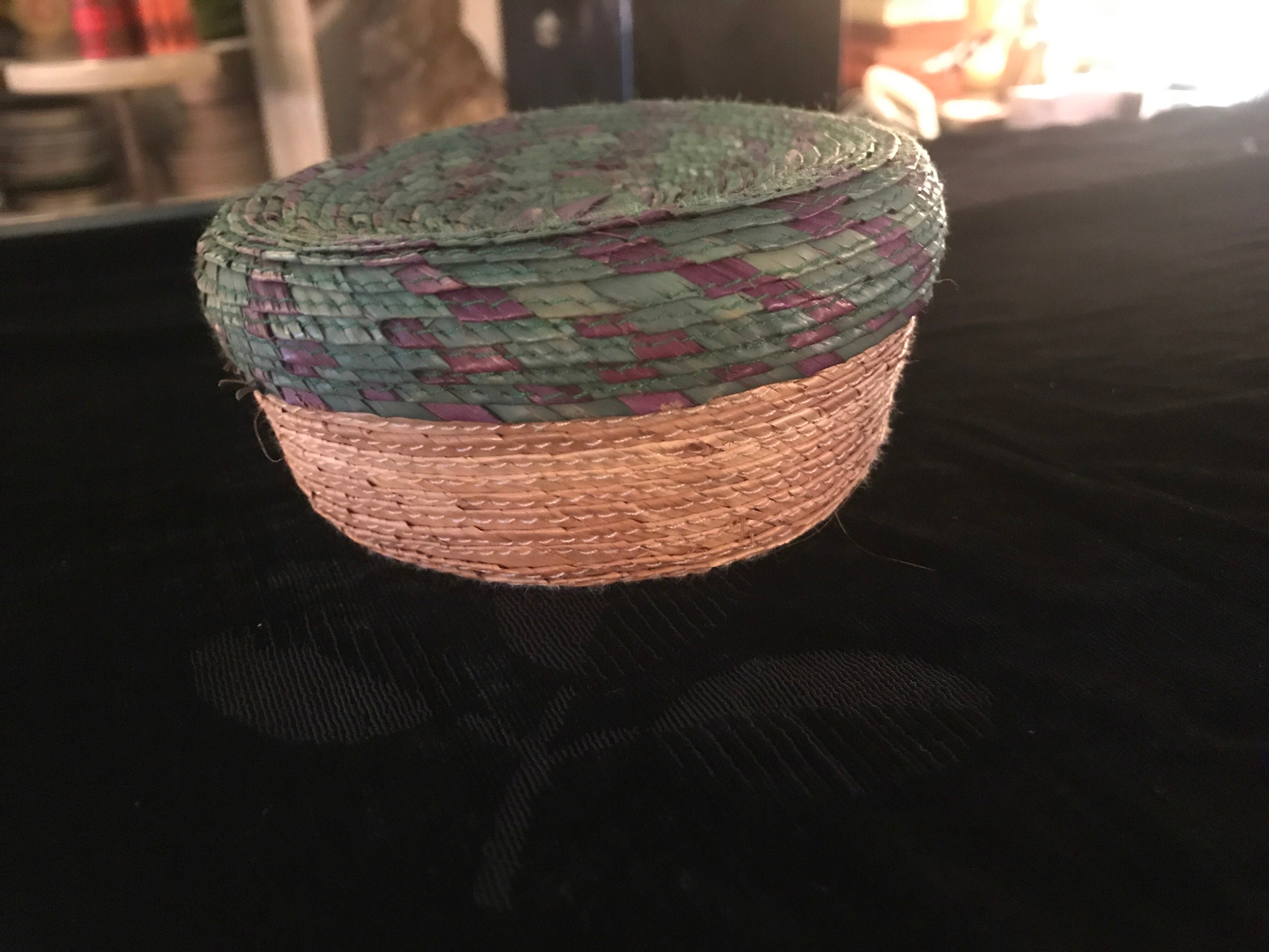 Vintage Small Woven Basket With Lid. Bohemian Woven Basket. Small