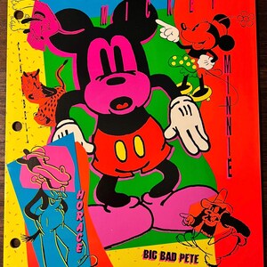 May include: A colorful illustration featuring Mickey Mouse, Minnie Mouse, Pluto, Horace Horsecollar, and Big Bad Pete. The characters are depicted in a vibrant, cartoon style with bold outlines and bright colors. The background is a mix of yellow, green, red, and blue.