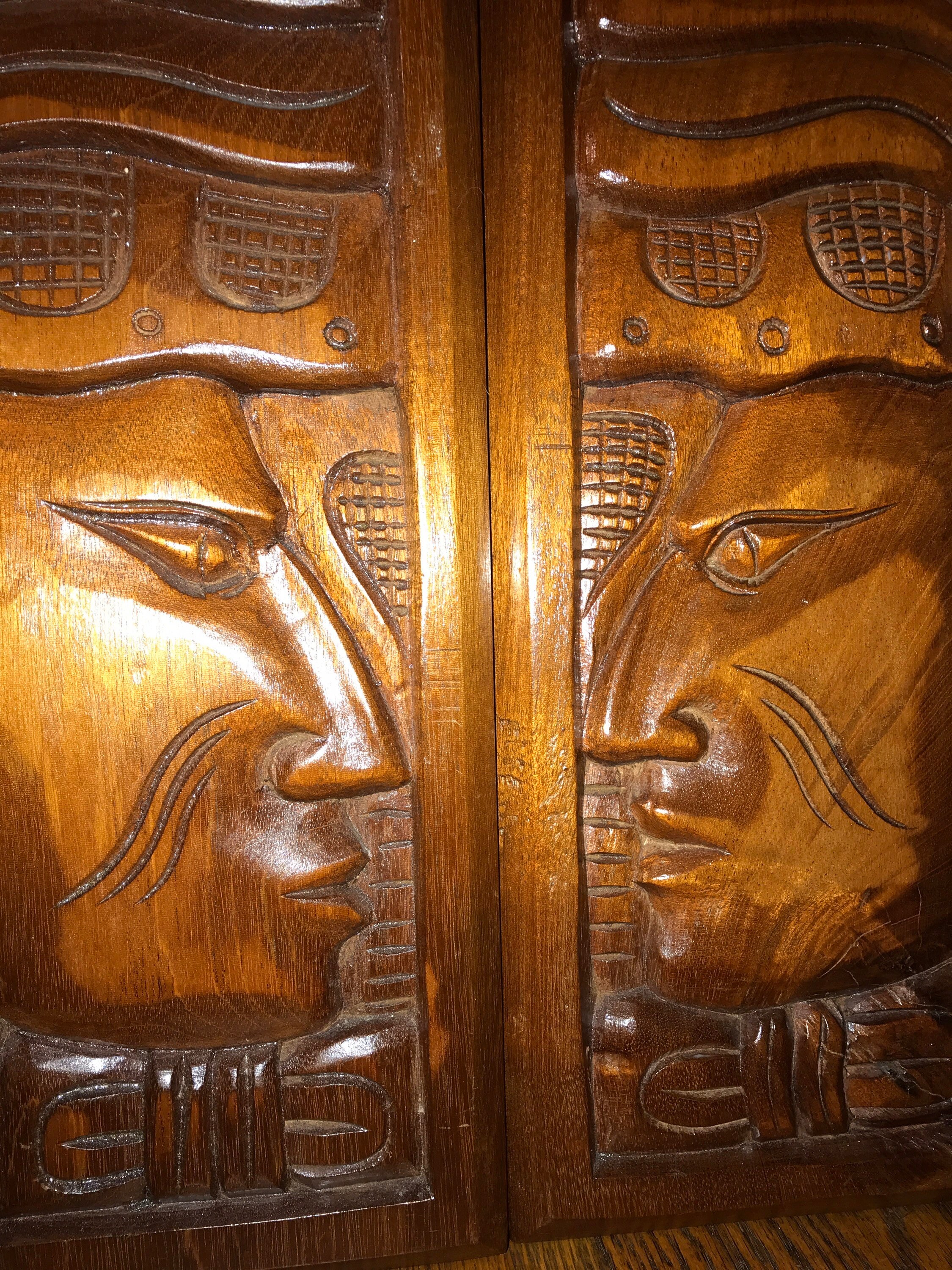 Vintage Folk Art Wooden Plaque. Caribbean Wood Carved Wall Hanging Set