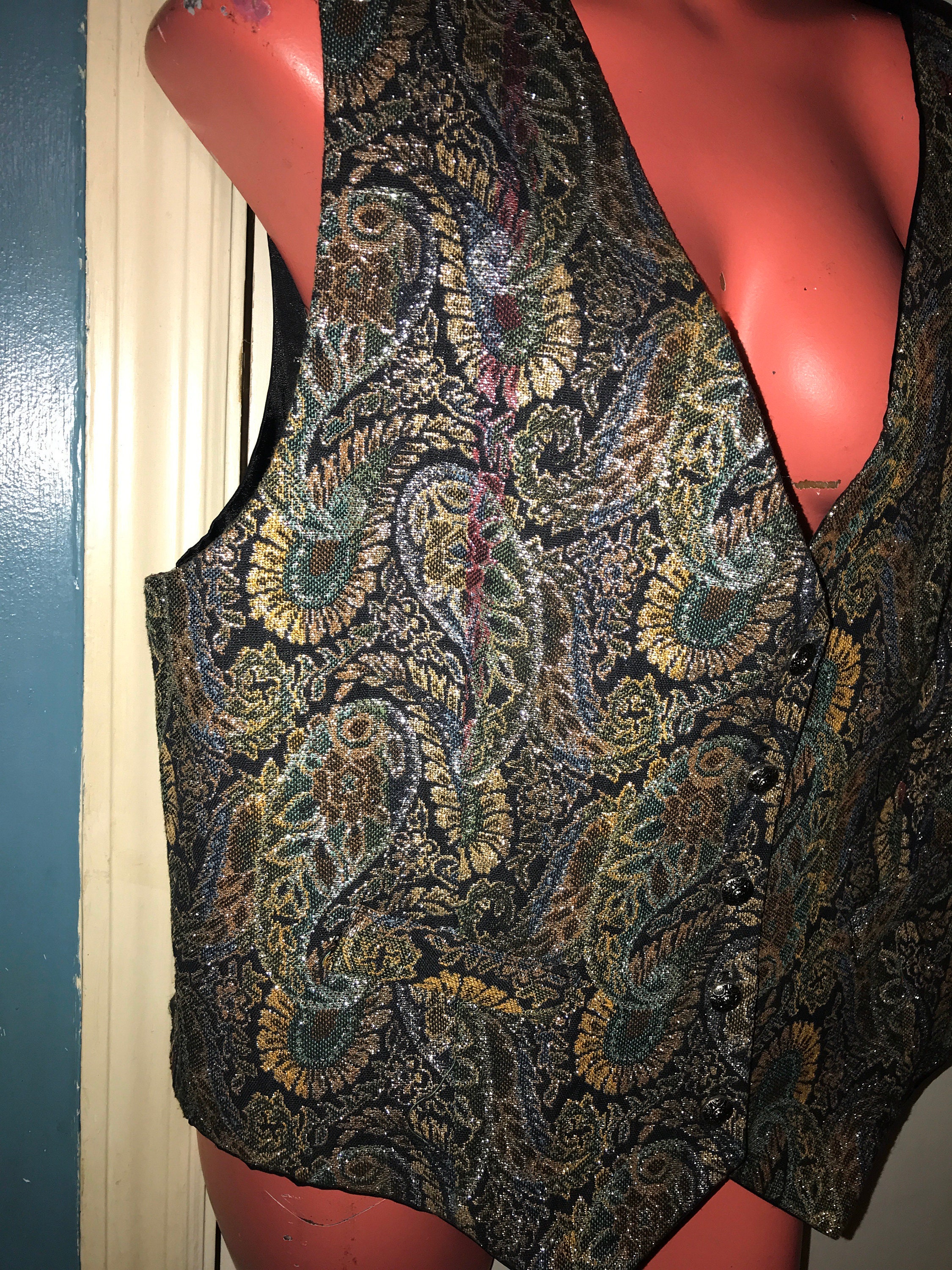 Vintage Metallic Tapestry Vest. Paisley Tapestry Vest. Metallic Paisley