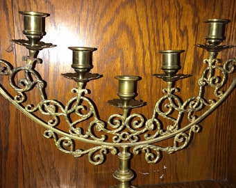 Vintage Intricate Brass Five Arm Candle Holder. Gorgeous Centerpiece Brass Five Branch Candle Holder. Christmas Table Decor