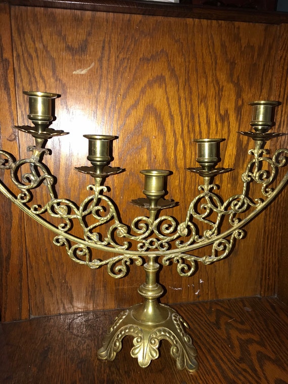 Vintage Intricate Brass Five Arm Candle Holder. Gorgeous Centerpiece Brass Five Branch Candle Holder. Christmas Table Decor