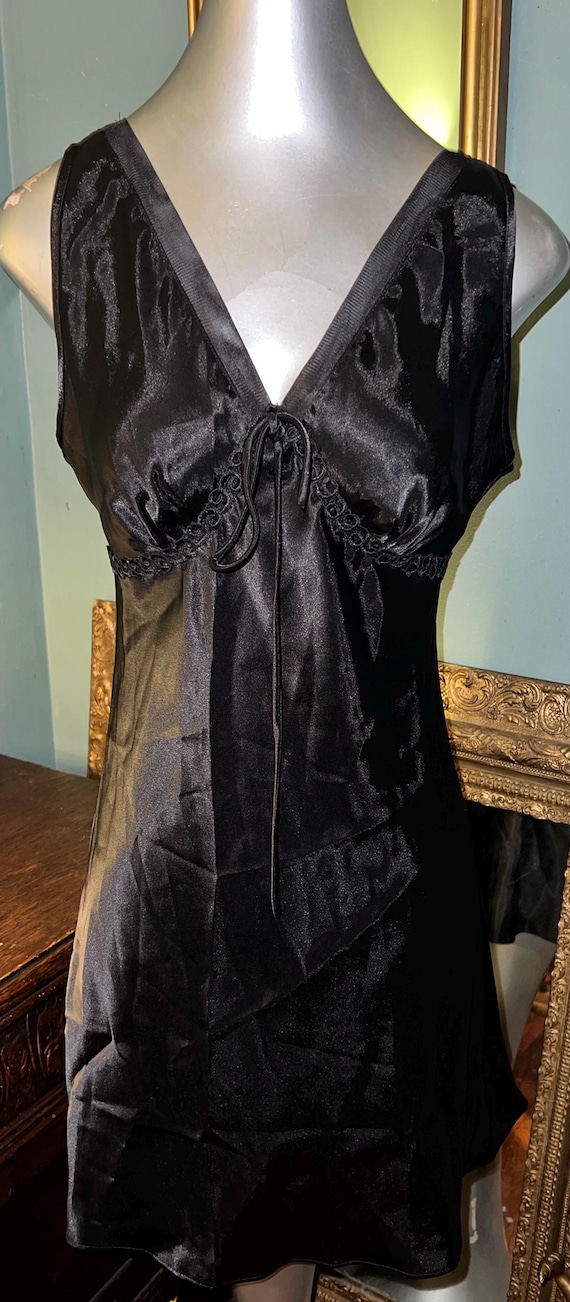 Vintage Short Black Satin Nightgown, Size Small