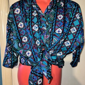 Vintage 80&#39;s Woman’s Colorful Button Down Shirt, Size X-Large