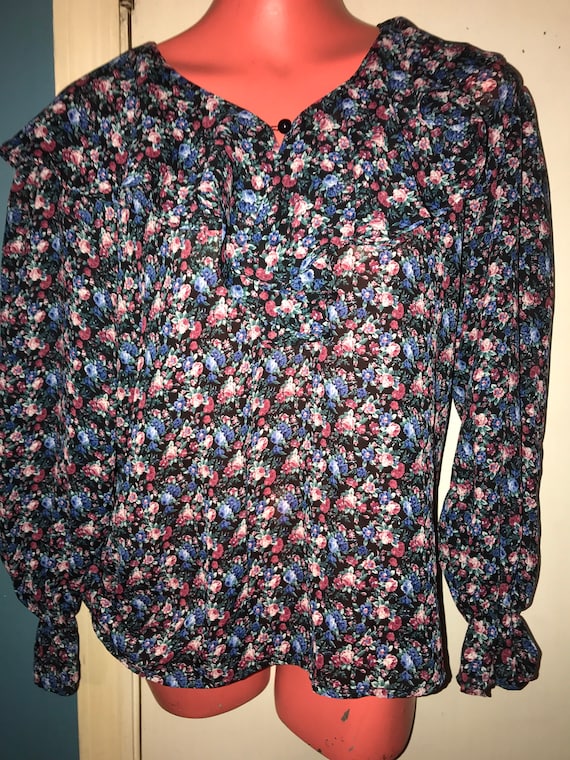 Vintage Sheer Black Floral Shirt. Puff Sleeved Flo