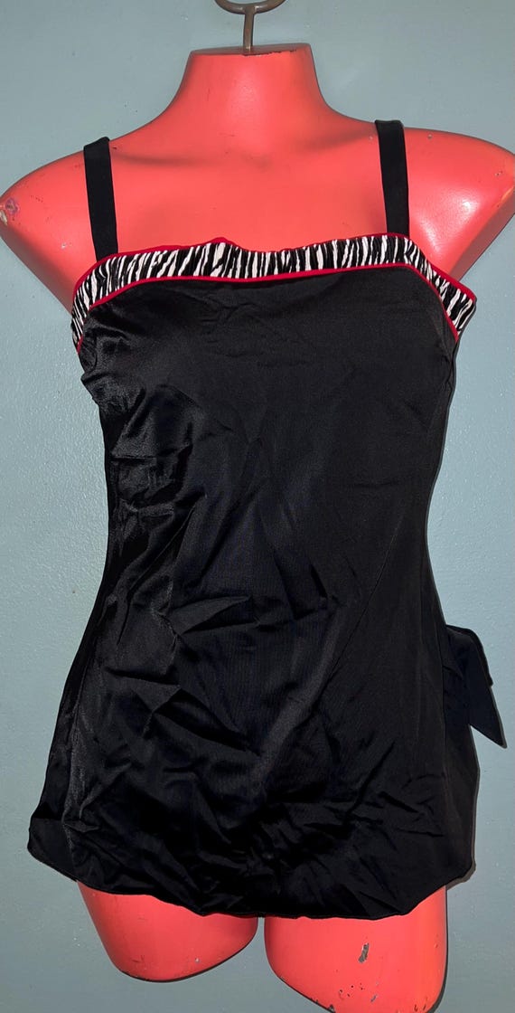Vintage 1980s Maxine of Hollywood Swimsuit, Black With Zebra Print, Size 12