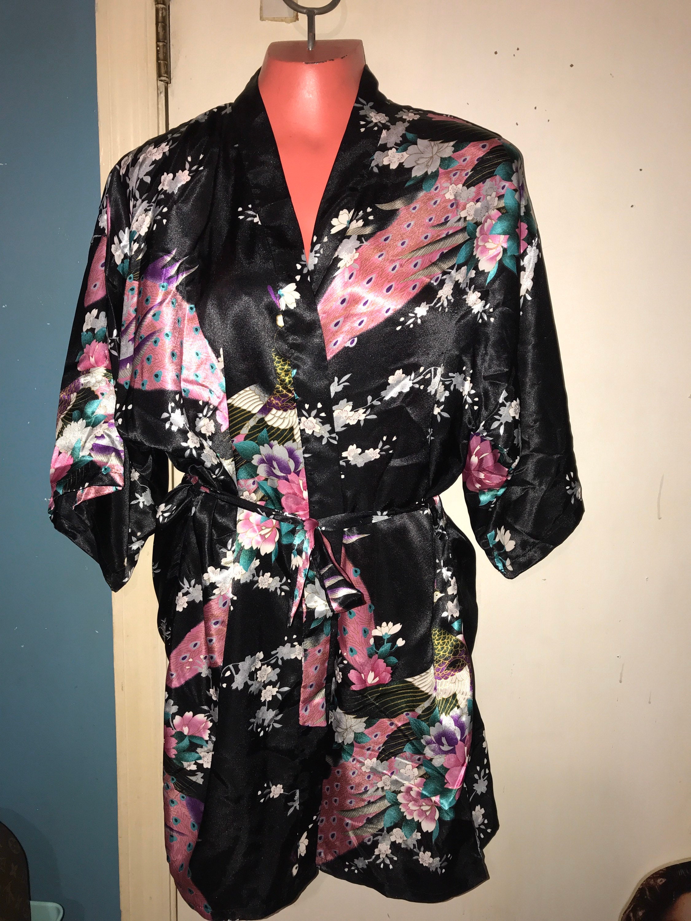 Vintage Asian Robe. Vintage Asian Motif Satin Short Black Peacock Satin ...