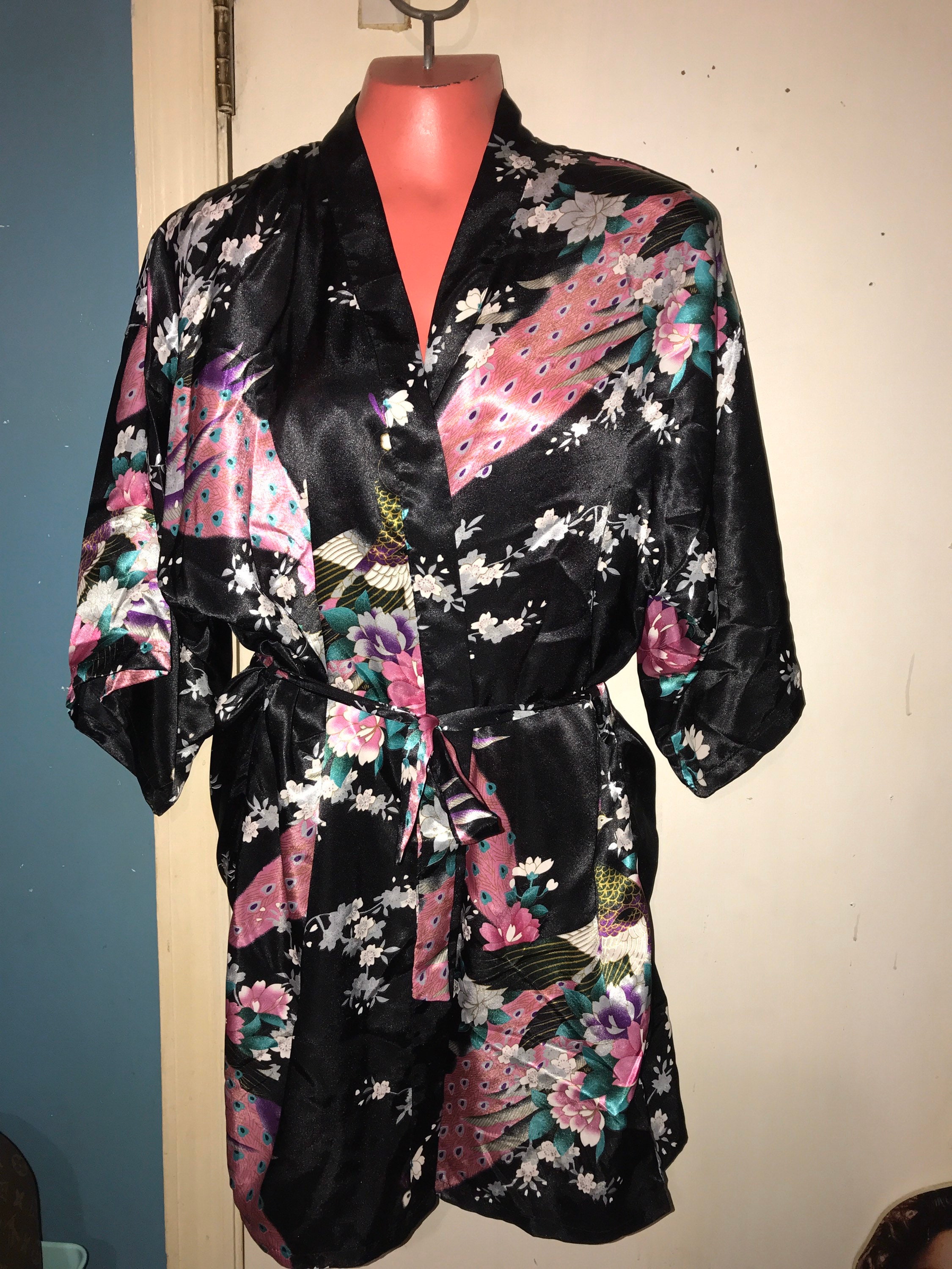 Vintage Asian Robe. Vintage Asian Motif Satin Short Black Peacock Satin