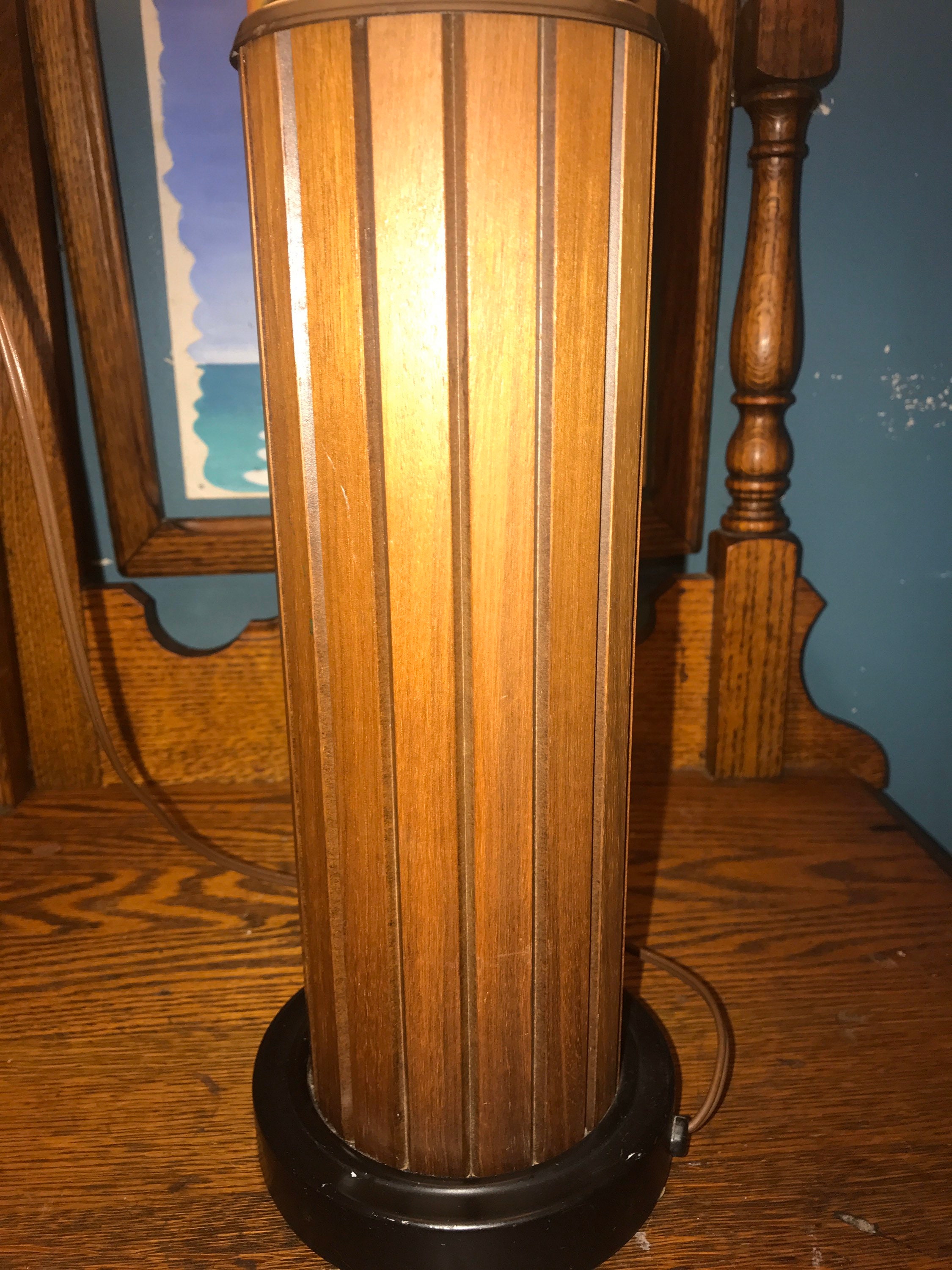 Vintage TeaK Wood Table Lamp. Teak Wood Table Lamp With Rattan and Fiberglass Double Shade. MCM