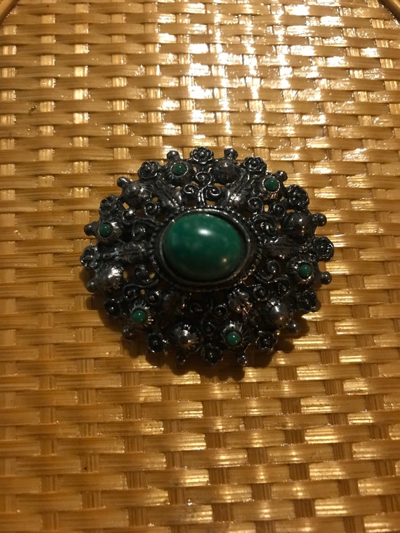 Vintage Silver and Jade Brooch. Tarnished Silver a