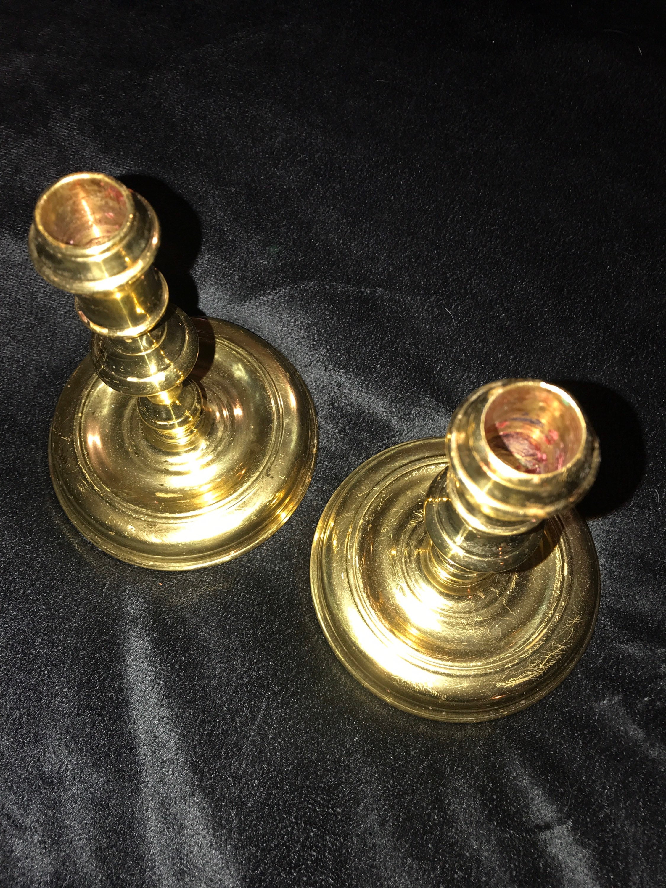 Vintage Brass Virginia Metalcrafters Candlesticks. Two Raleigh VM Brass Candlesticks.