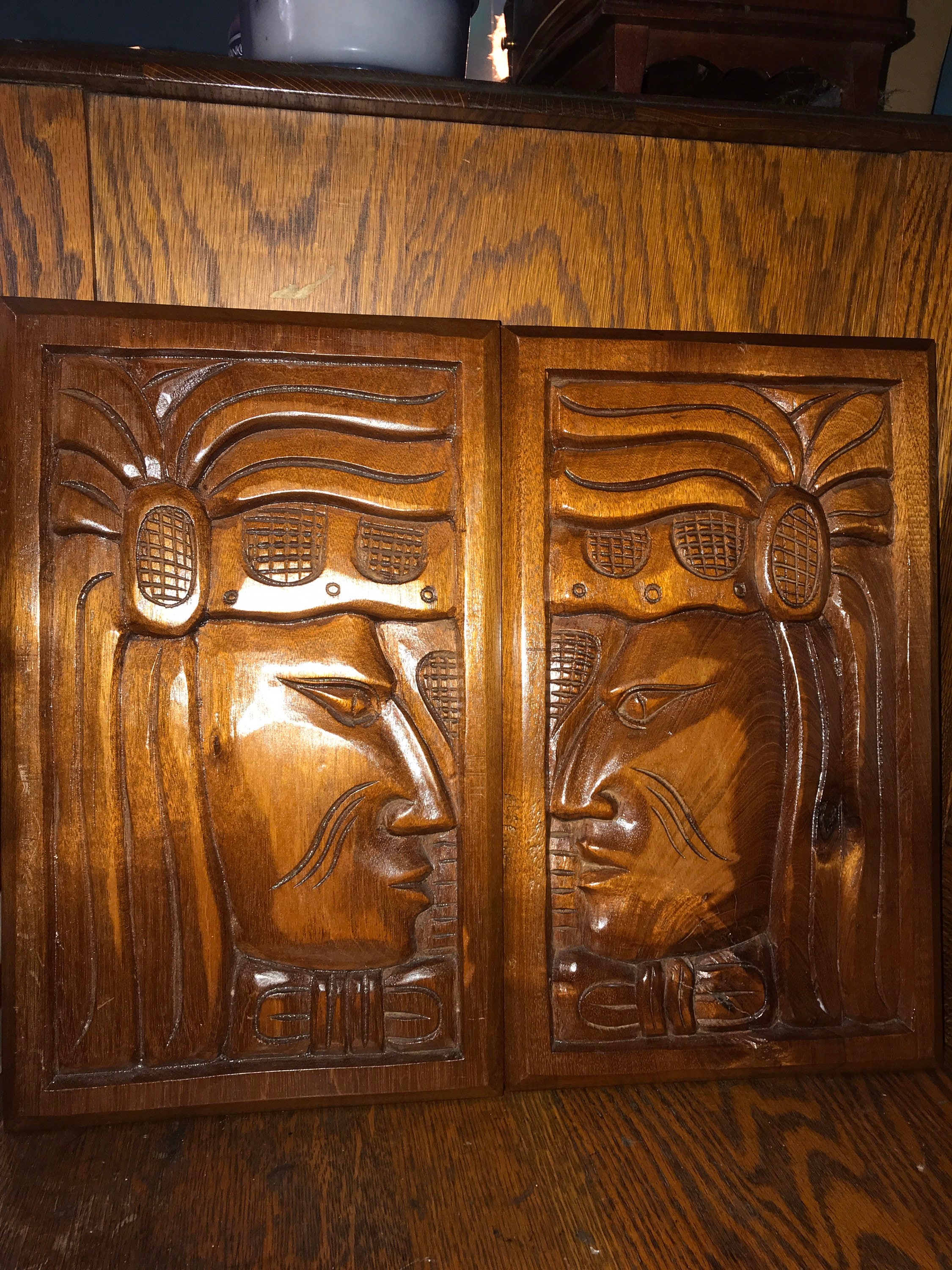 Vintage Folk Art Wooden Plaque. Caribbean Wood Carved Wall Hanging Set