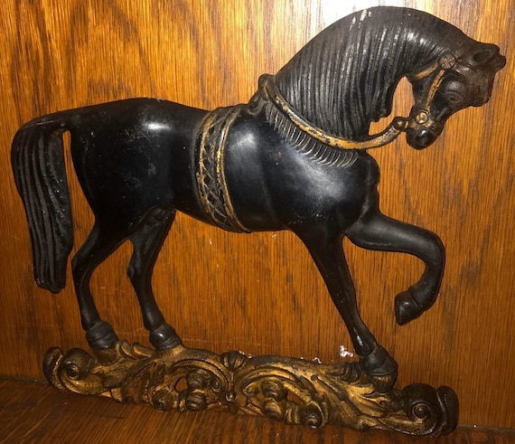 Vintage Black and Gold Metal Horse Hanging, Architectual Salvage