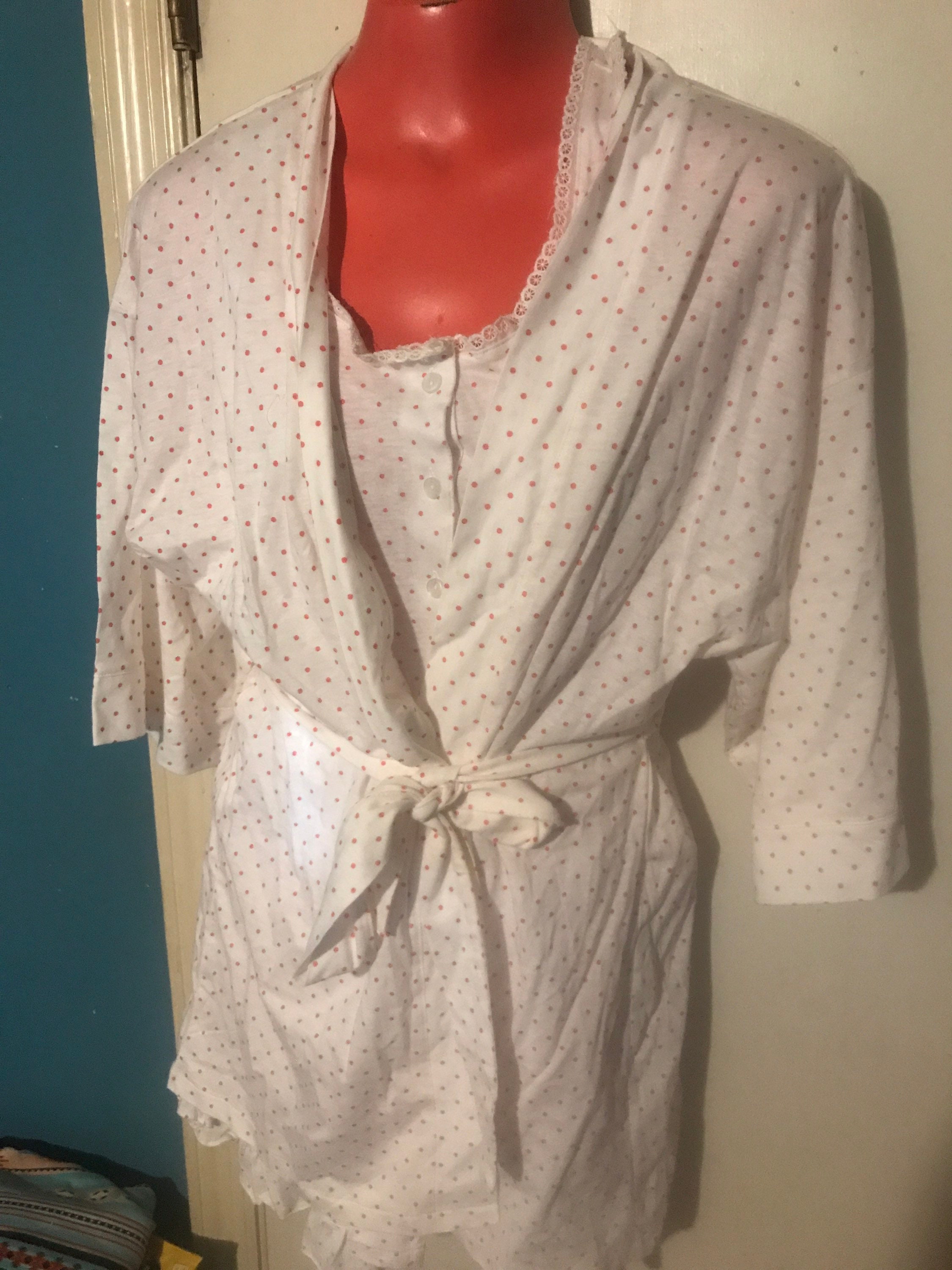 Vintage Adorable Cotton Nightgown and Robe. Short White With Red Polka