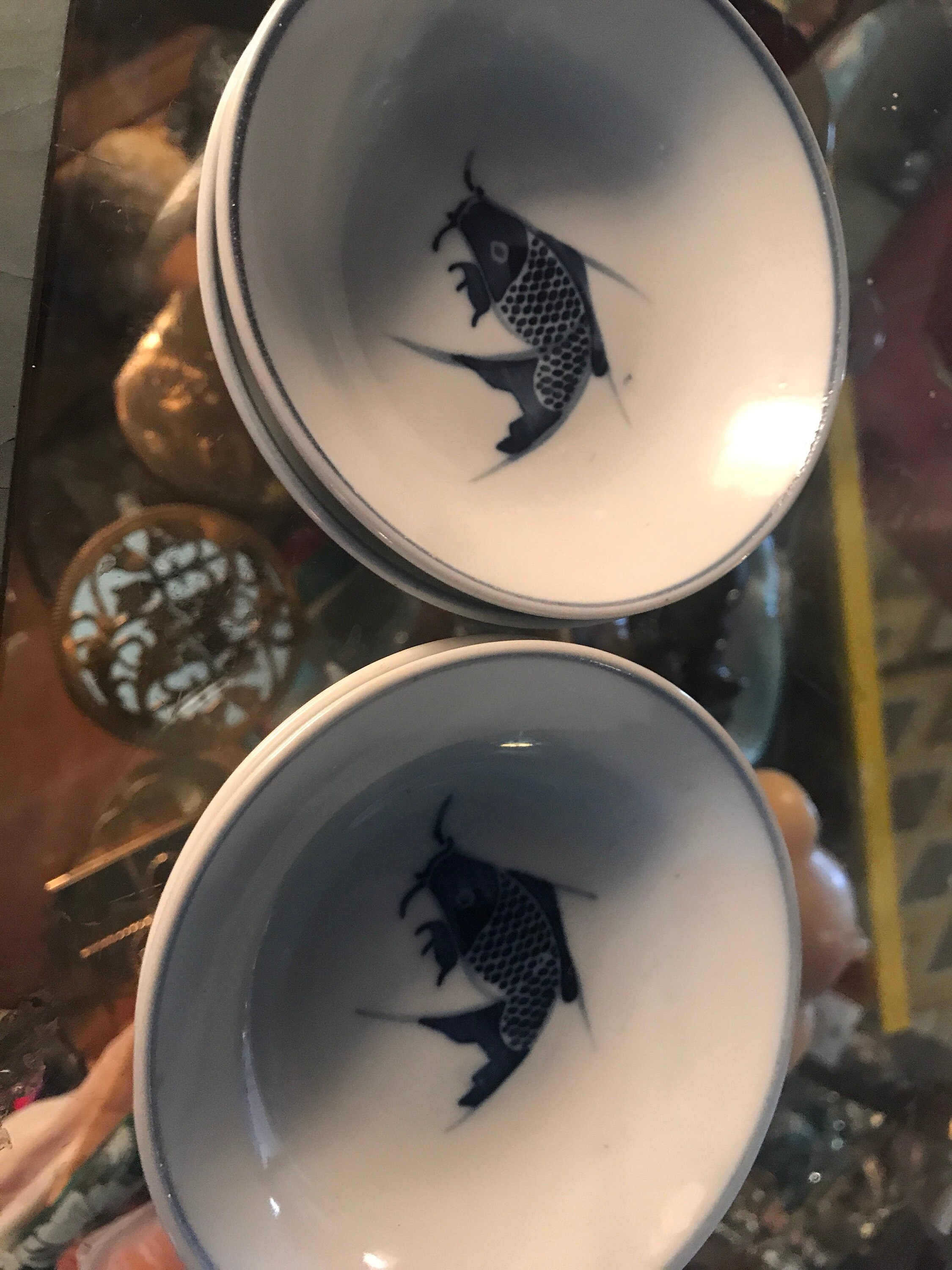 Vintage Blue and White Chinese Koi Bowl. Chinese Fish Bowl. Small Koi