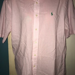 Vintage Ralph Lauren Pink and White Striped Button Down Shirt, Size Large