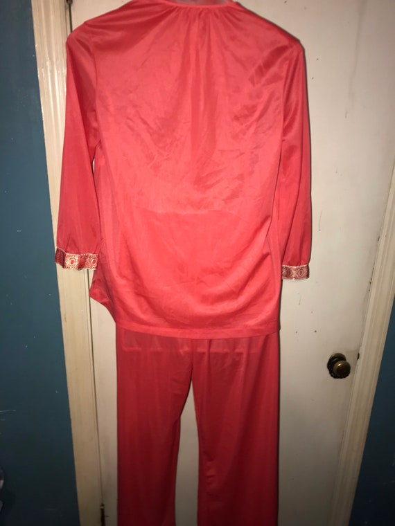 Vintage Coral Nylon Pajama Set. Coral and Gold Pa… - image 6