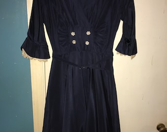 Vintage Blue Dress. Navy Blue Full Swing Dress. Rockabilly Vintage Dress. Navy With Red Accents.