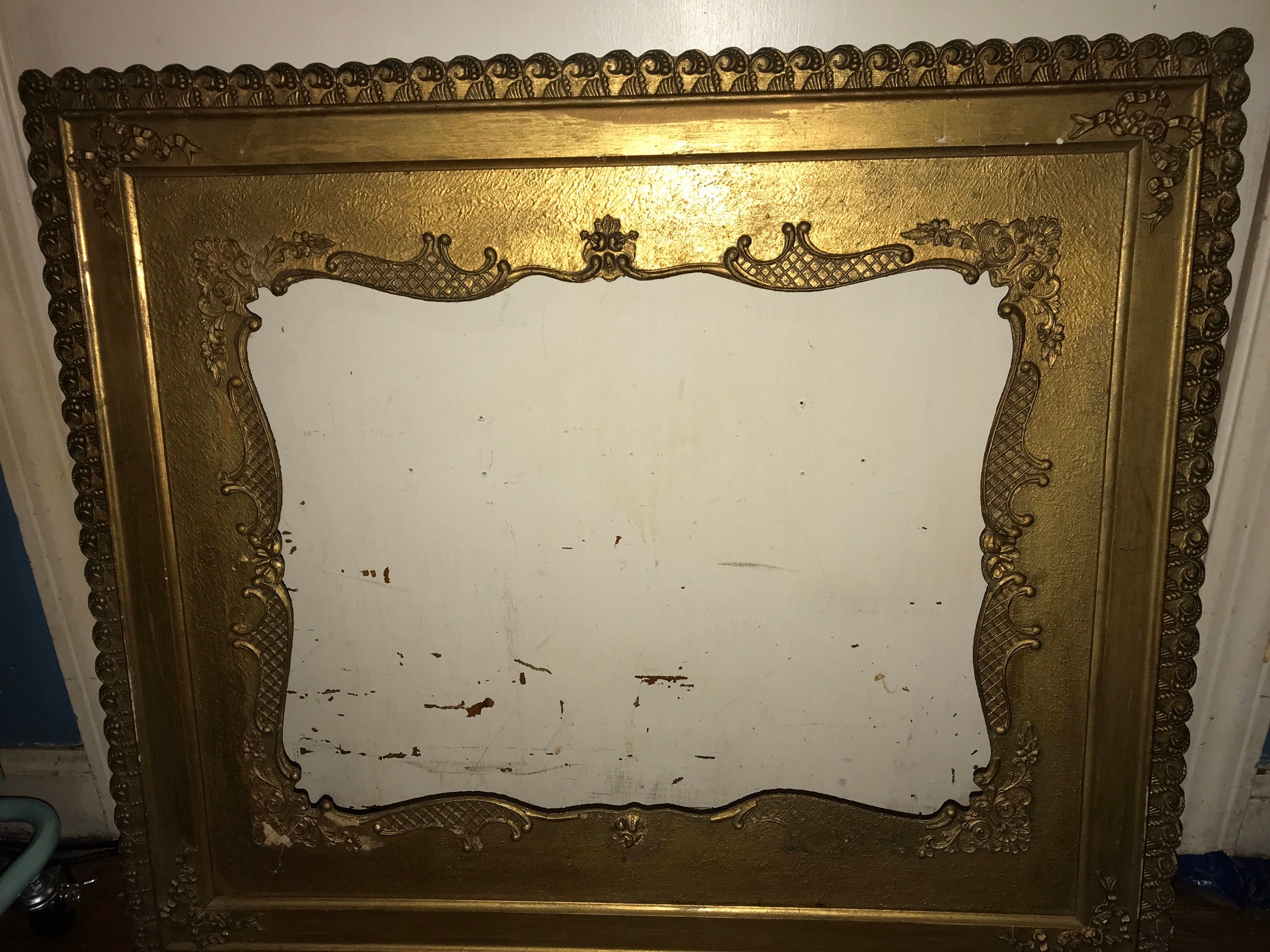 Vintage Gold Wood Shabby Frame. Large Old Gilded Frame. Ornate Gold Open Picture Frame. Photo