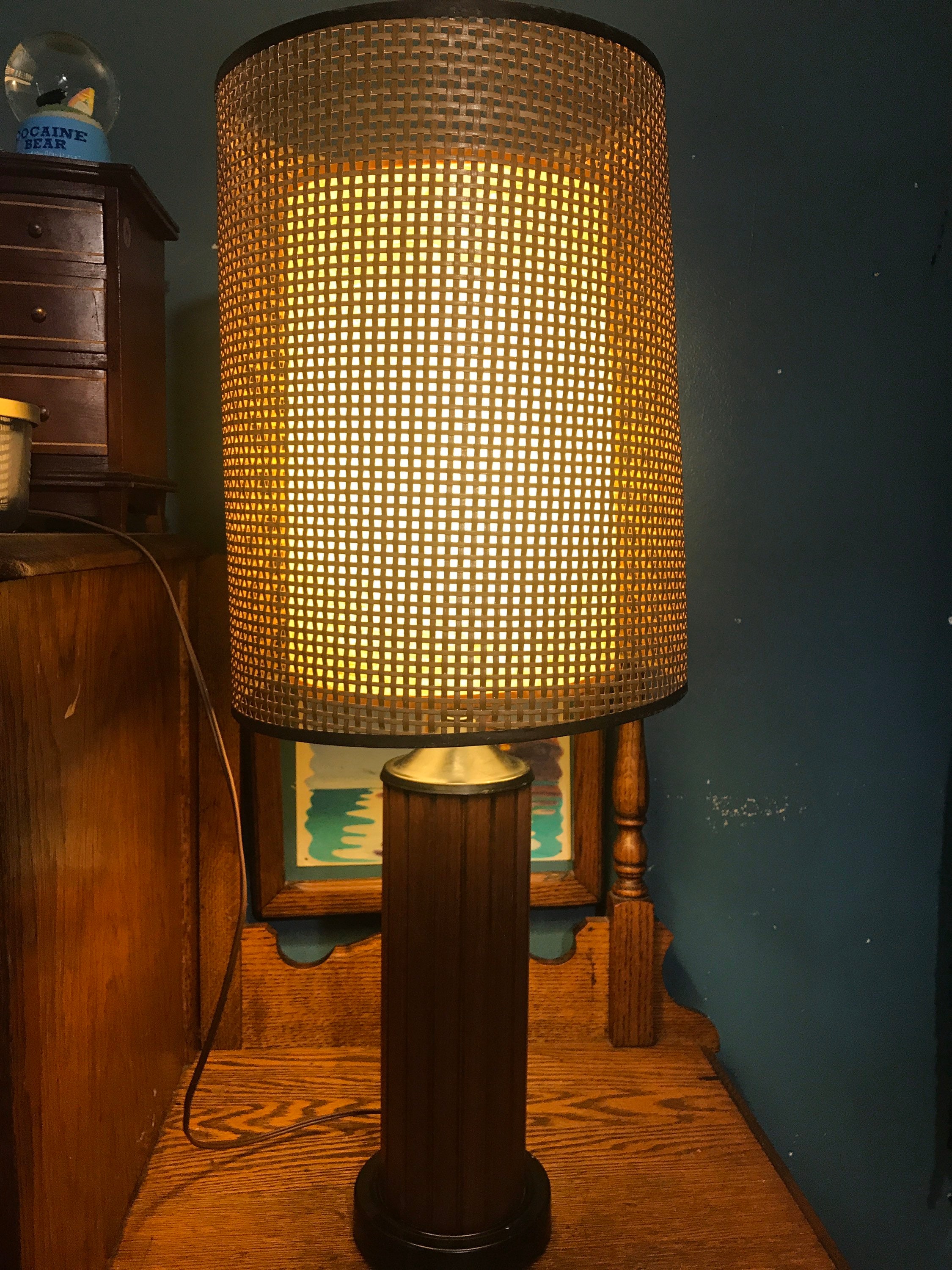 Vintage TeaK Wood Table Lamp. Teak Wood Table Lamp With Rattan and Fiberglass Double Shade. MCM