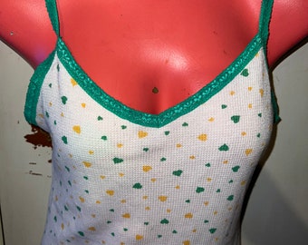 Vintage Heart Camisole Shirt. 1990's Green and Yellow Hearts Cami. Adorable Camisole Size Large