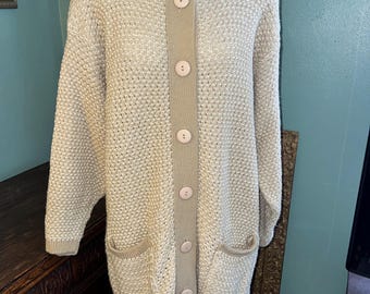 Vintage 1970’s Long Tan and White Sweater, Size Medium