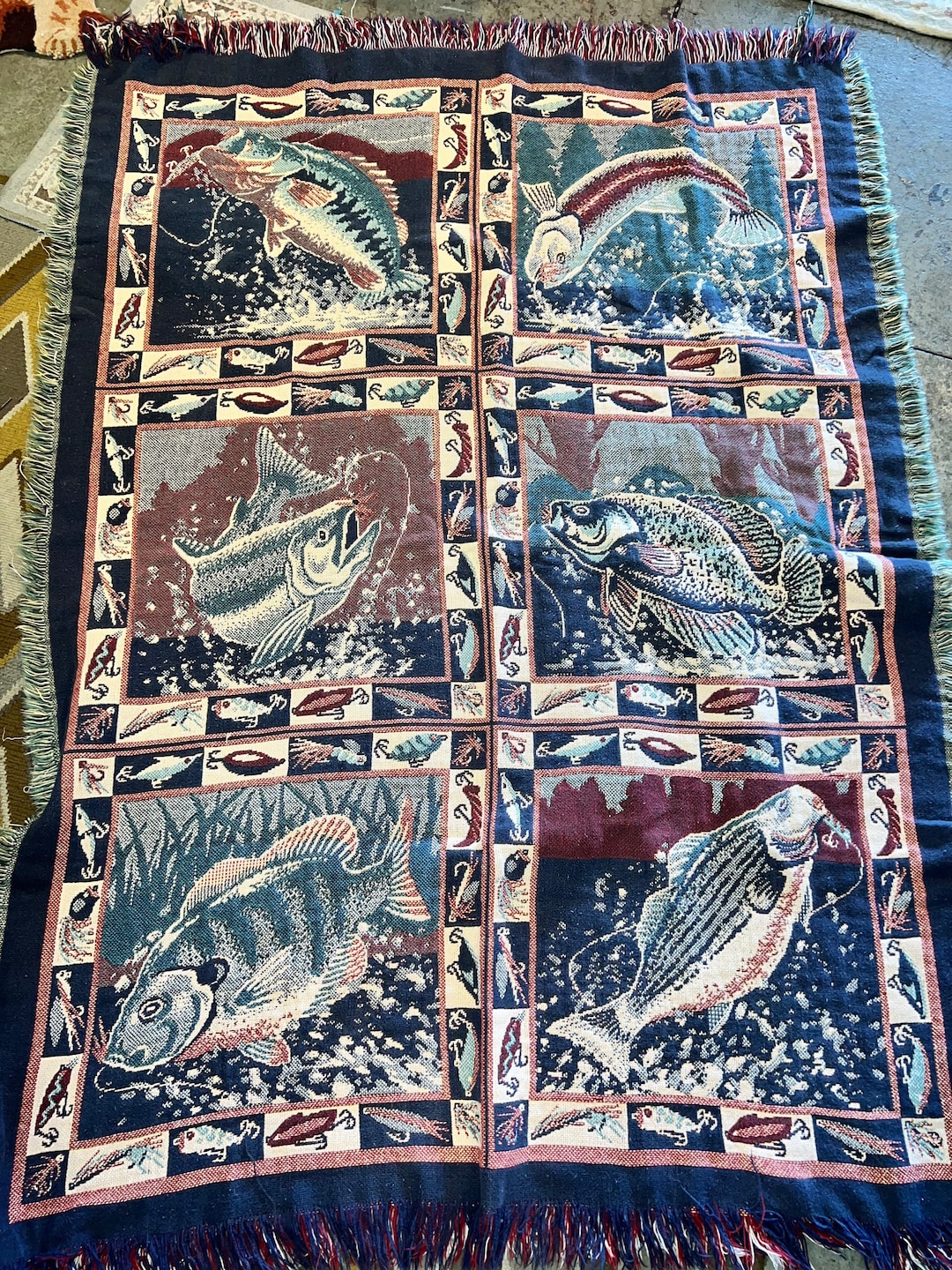Vintage 1990s Goodwin Weavers Fish Tapestry Blanket. Goodwin Weavers